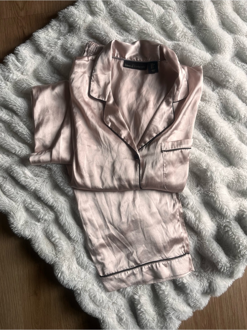House of Harlow 1960 Satin Pajama Set in Blush with Black Piping